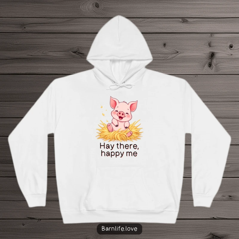 Funny Hoodie featuring a happy piglet rolling in hay, kicking up dust, a cozy and humorous farm animal apparel choice.