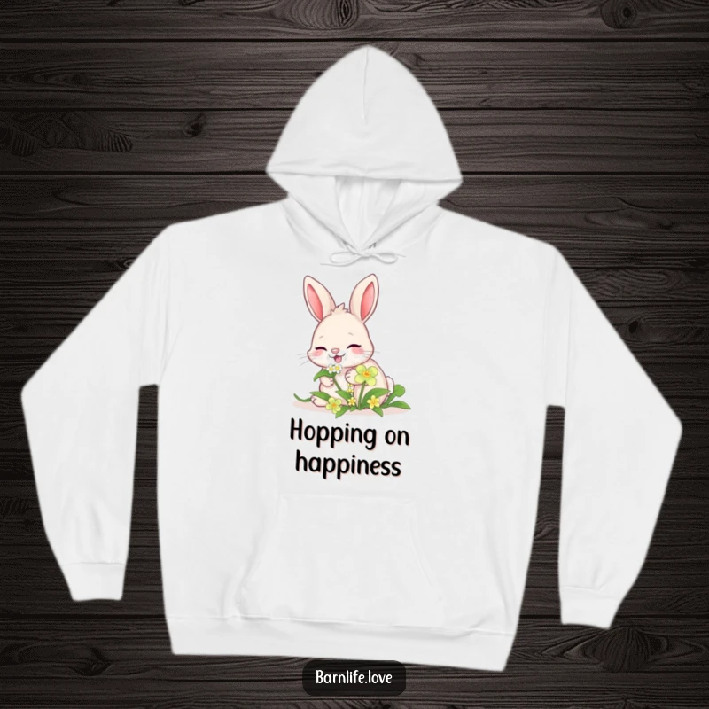 Funny giggling bunny hoodie featuring a happy rabbit munching clover, providing warmth and whimsical charm.