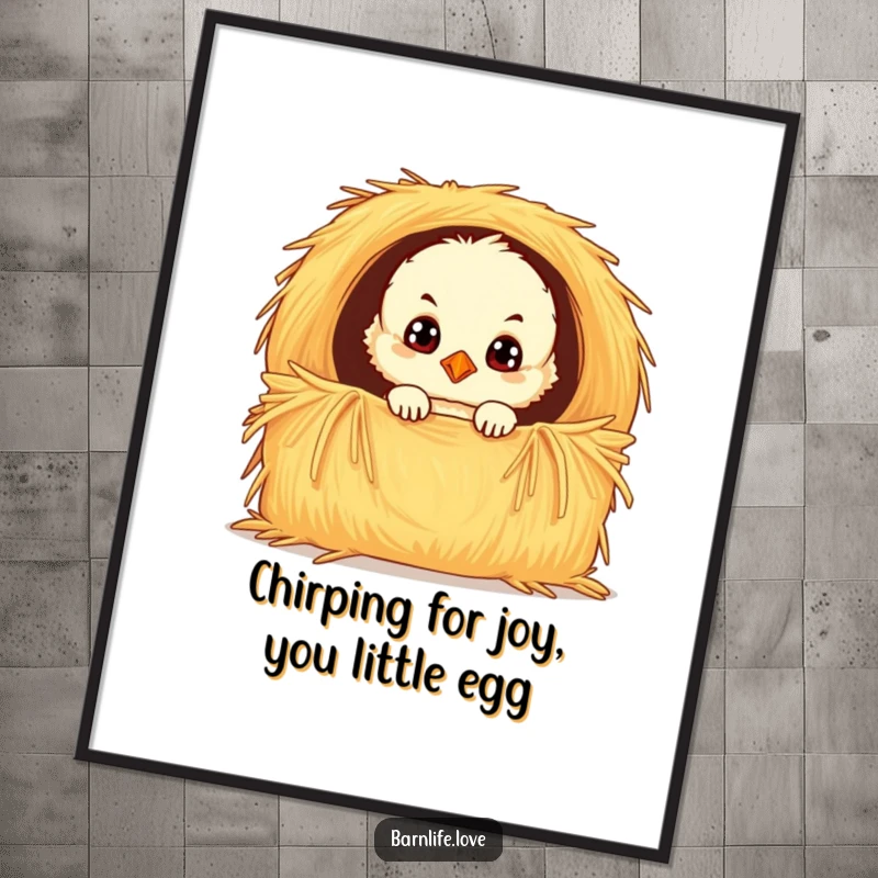 Funny free printable chick wall art: Adorable fluffy yellow chick with wide curious eyes peeking from a hay bale, a cute farm scene.