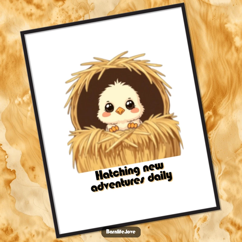 Funny Free Printable Chick Wall Art - Fluffy chick peeking from straw bale, curious eyes, whimsical downloadable art for home.