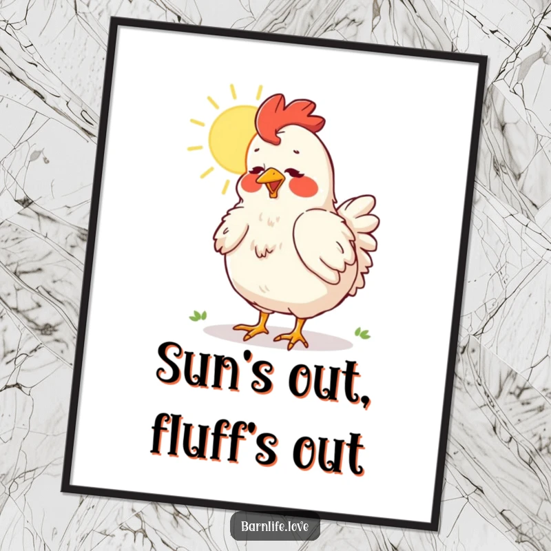Funny Free Printable Wall Art depicting a content chicken dusting its feathers in warm sunlight, adding a humorous touch.