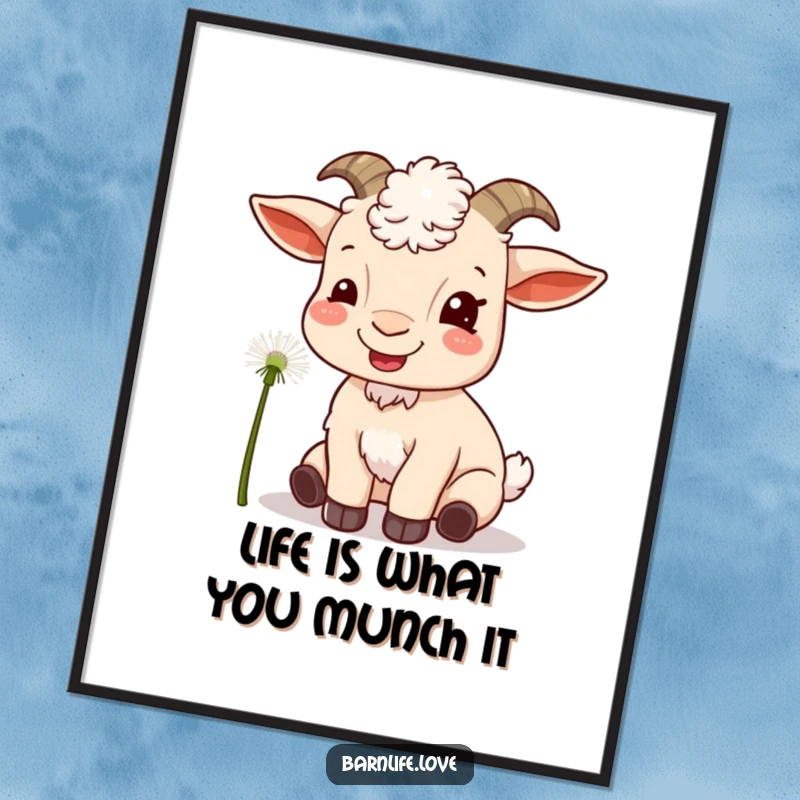 Funny Free Printable Wall Art of a content goat happily munching on a dandelion, adding charm to walls.