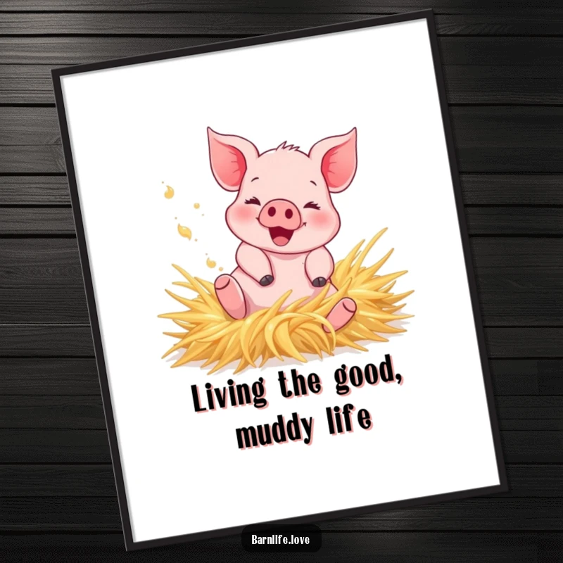 Funny Free Printable Piglet Wall Art - Happy piglet rolling joyfully in hay, kicking up dust, whimsical downloadable art.