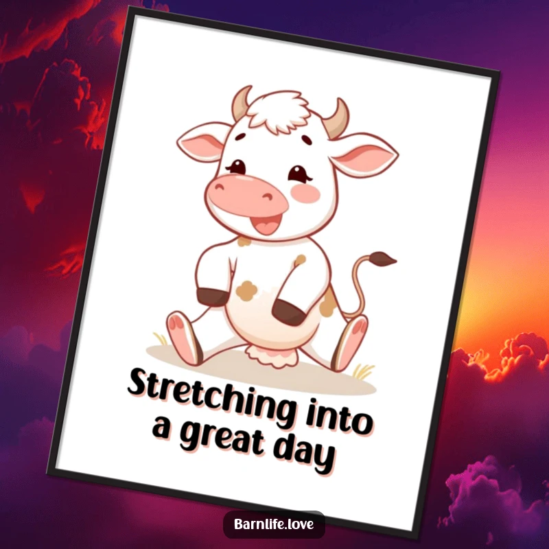Funny free printable calf wall art: Cheerful calf stretching legs in morning sun, a vibrant farm scene for joyful decor.