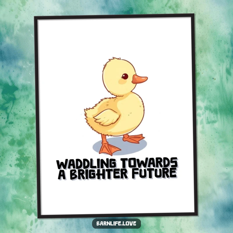 Funny Free Printable Duckling Wall Art - Curious duckling waddling towards a shiny water trough, adorable downloadable art.