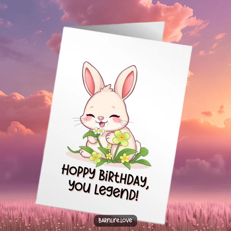 Cute Free Printable Birthday Card featuring a giggling bunny happily nibbling on a sweet clover, spreading cheer.