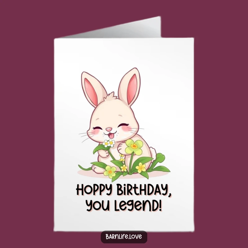 Free Printable Birthday Card: Giggling Bunny Nibbling Clover, Cute Downloadable Greeting