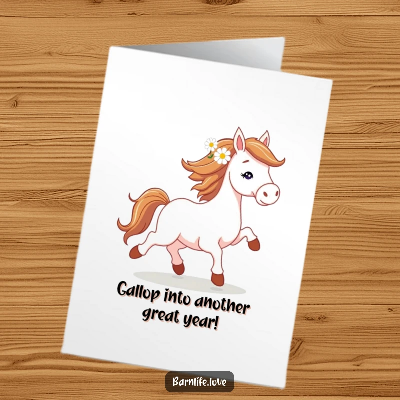 Free Printable Birthday Card showing a spirited horse trotting with a daisy in its mane, ready to party.