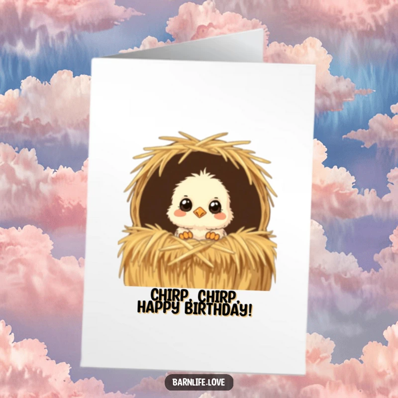 Funny Free Printable Chick Birthday Card - Fluffy chick peeking curiously from straw bale, wide eyes, great for DIY gifts.