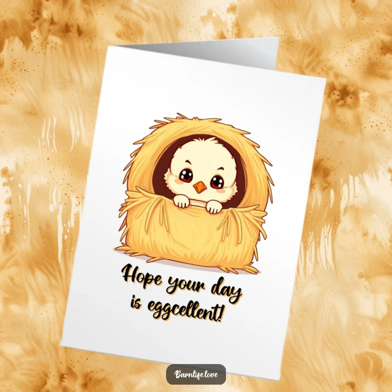 Funny free printable chick card: Fluffy yellow chick with curious eyes peeking out of a hay bale, ready to wish Happy Birthday.