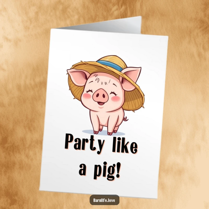 Funny free printable piglet card: Smiling piglet wearing a straw hat, exuding joy for a birthday celebration, a farm delight.