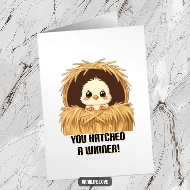 Funny Free Printable Chick Congratulations Card - Fluffy chick peeking from straw, wide-eyed, perfect for celebrating achievements, DIY downloadable.
