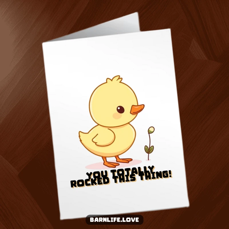 Cute Free Printable Congratulations Card showing a cheerful duckling waddling with a single, tiny seed, celebrating success.