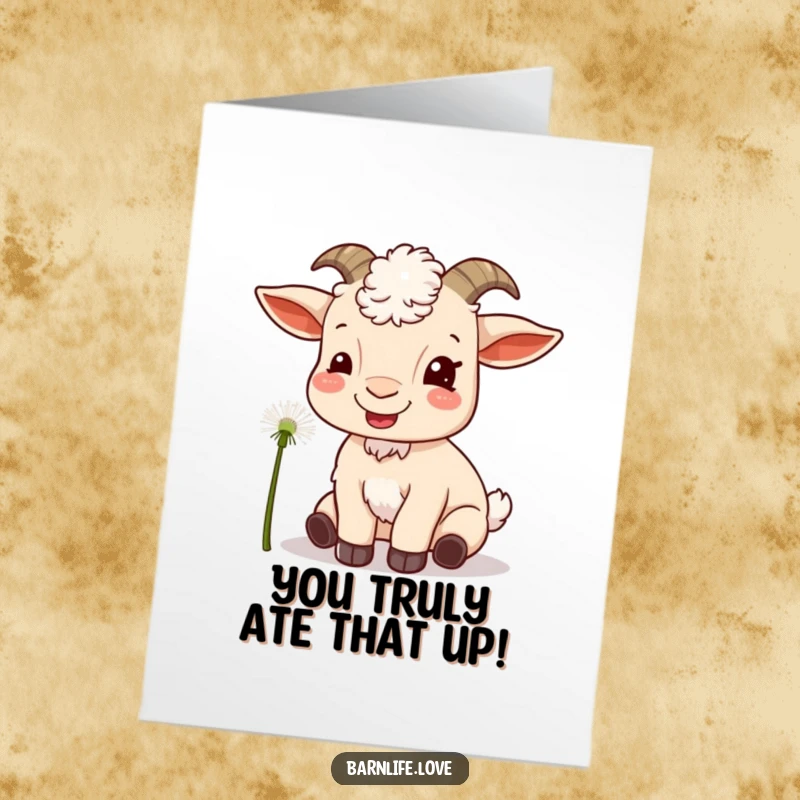 Funny Free Printable Congratulations Card showing a content goat munching on a dandelion, celebrating success with delight.