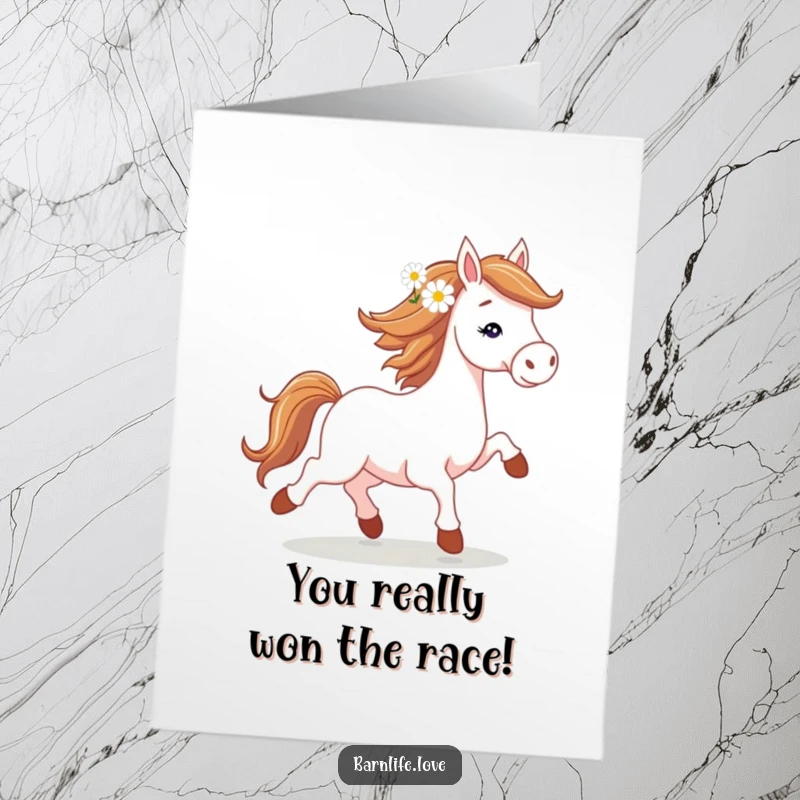 Free Printable Congratulations Card featuring a spirited horse trotting with a daisy in its mane, celebrating success.