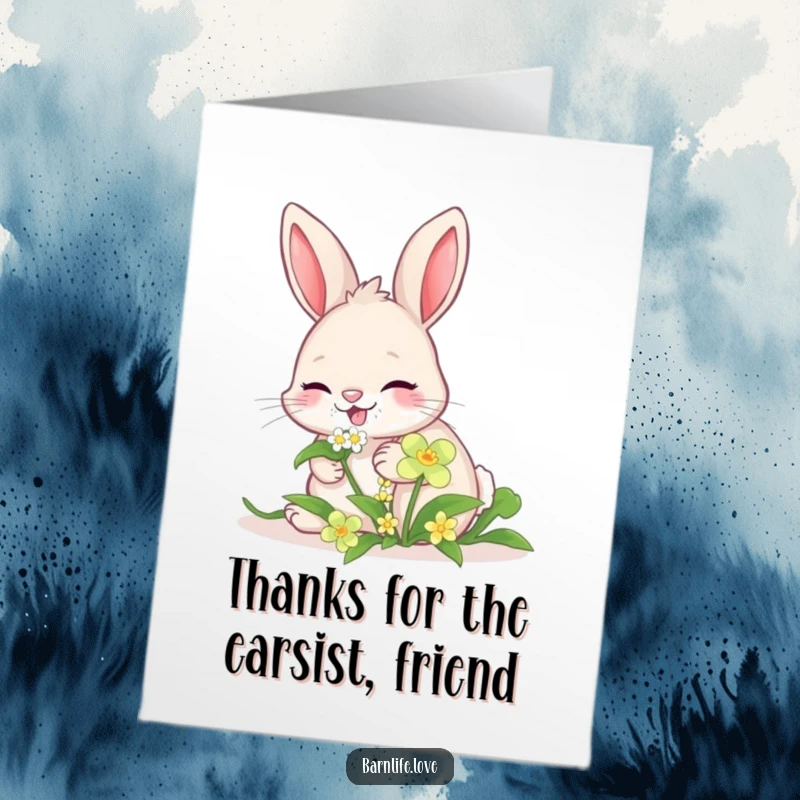 Cute Free Printable Thank You Card featuring a giggling bunny nibbling on a sweet clover, conveying thanks with charm.