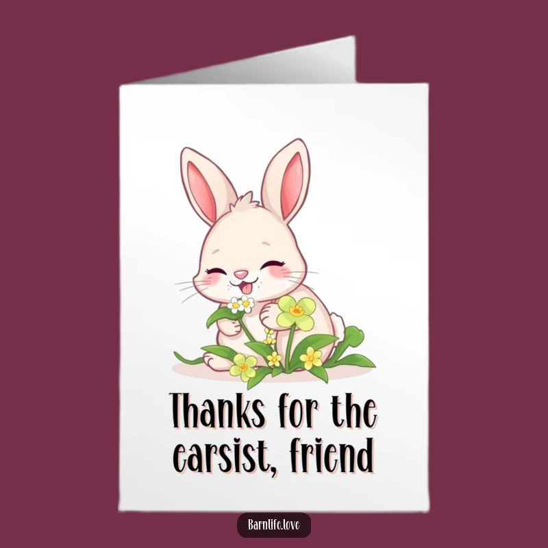 Free Printable Thank You Card: Giggling Bunny Nibbling Clover, Sweet Downloadable Greeting