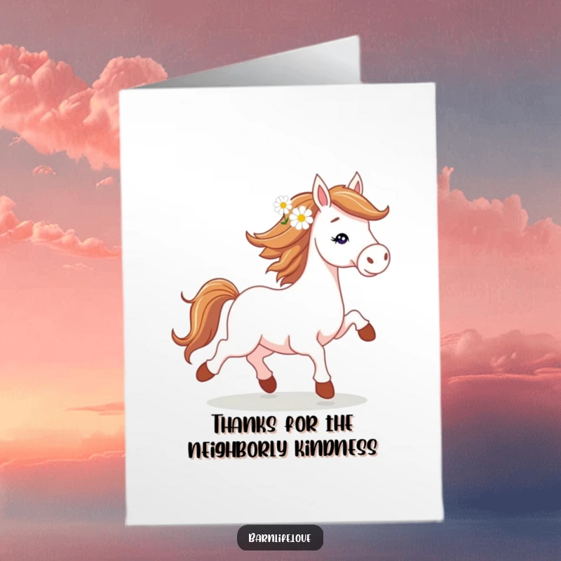 Free Printable Thank You Card with a spirited horse trotting with a daisy in its mane, expressing thanks.