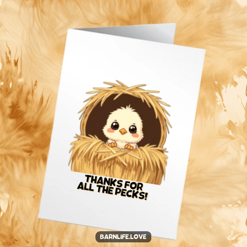 Funny Free Printable Chick Thank You Card - Fluffy chick peeking from hay bale, curious eyes, great for DIY thank you notes.
