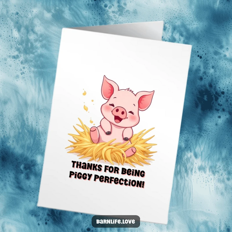 Funny Free Printable Piglet Thank You Card - Happy piglet rolling in hay, kicking dust, perfect for DIY thank you notes.