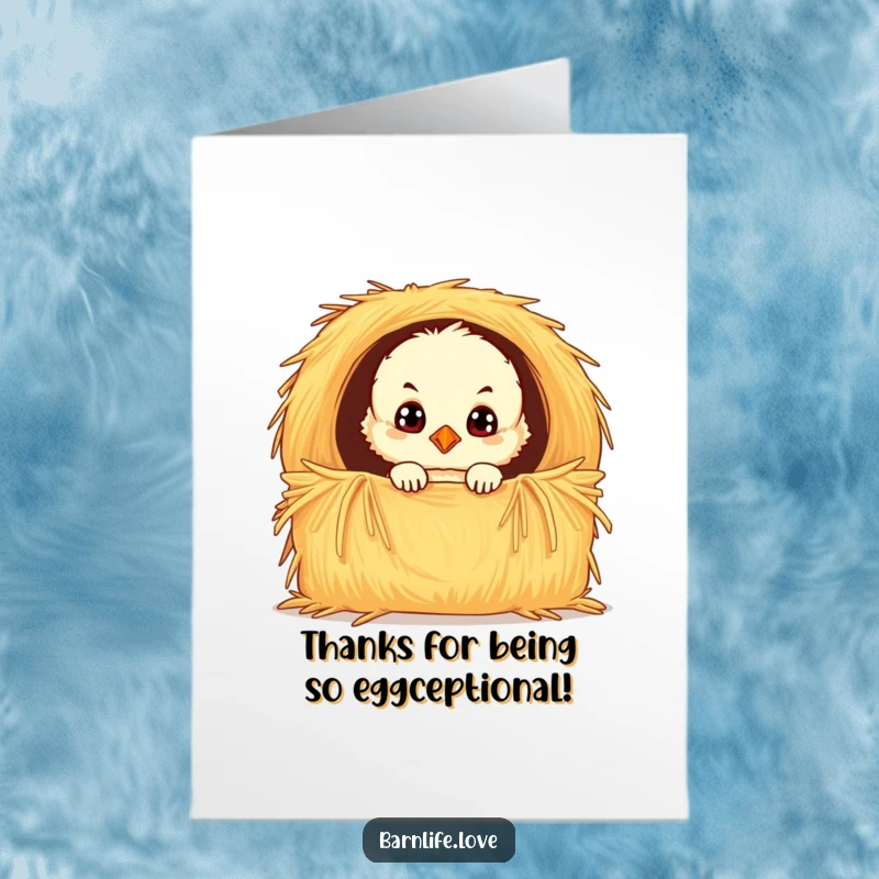 Funny free printable chick card: Fluffy yellow chick with curious eyes peeking from a hay bale, perfect for saying thank you.