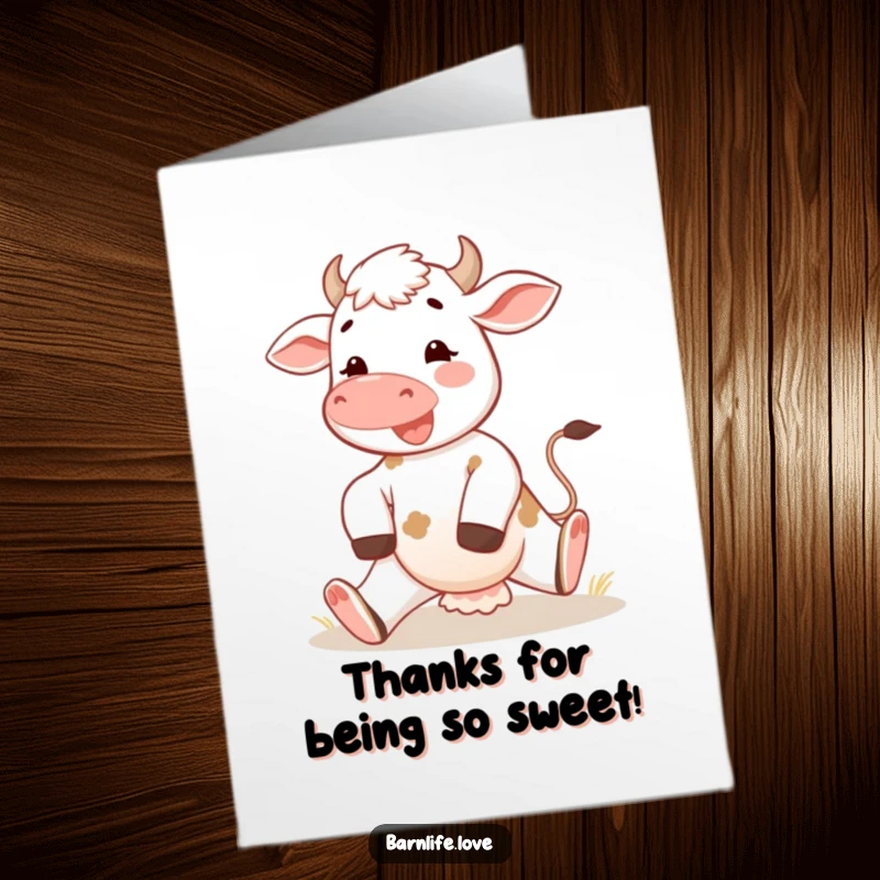 Funny free printable calf card: Cheerful calf stretching its legs in the morning sun, conveying thanks with farmyard cheer.