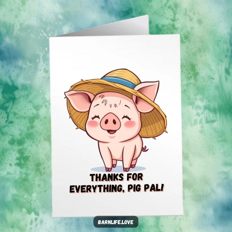 Funny free printable piglet card: Smiling piglet wearing a straw hat, ready to express thanks with farmyard charm.