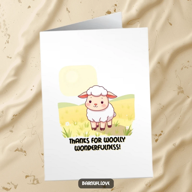 Funny Free Printable Sheep Thank You Card - Contented sheep with soft wool grazing, sunlit field, great for DIY notes.
