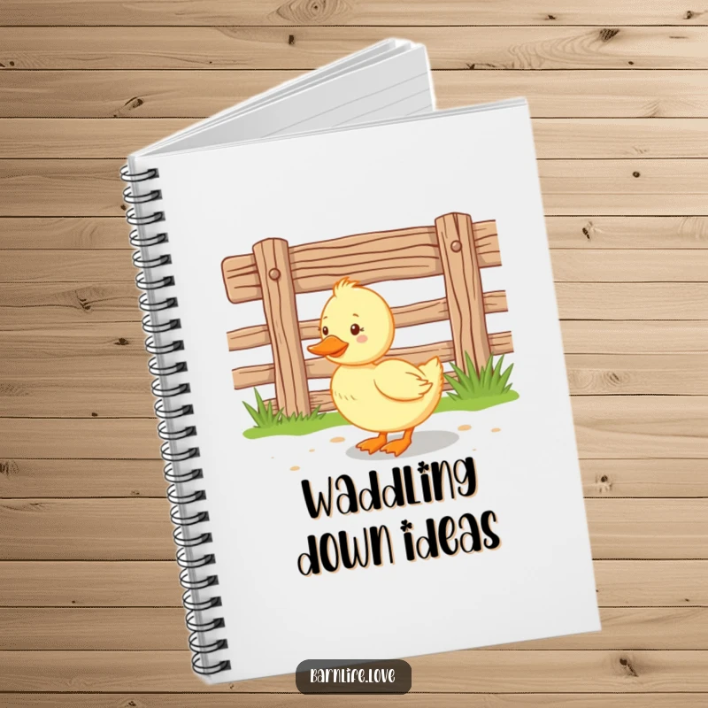Funny duckling notebook featuring a happy baby duck waddling near a wooden farm fence, ideal for jotting down ideas and farmyard doodles.