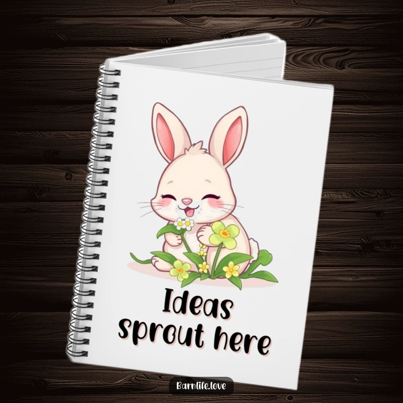 Funny giggling bunny notebook with a joyful rabbit nibbling clover, perfect for writing and journaling.