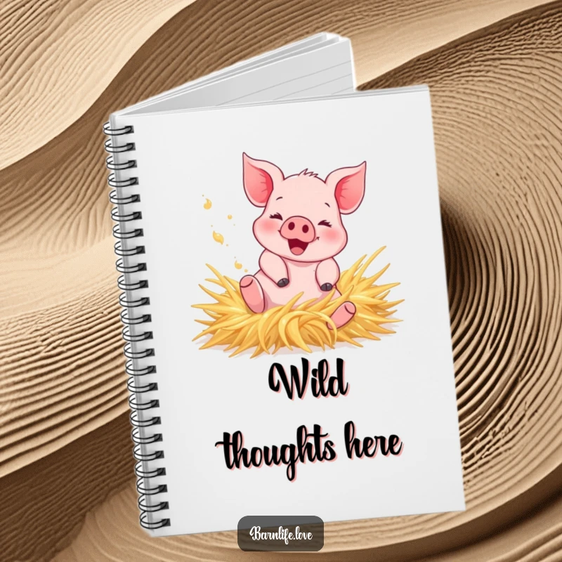 Funny Notebook with a happy piglet rolling in hay, kicking up dust, perfect for jotting down joyful thoughts and farm-inspired ideas.
