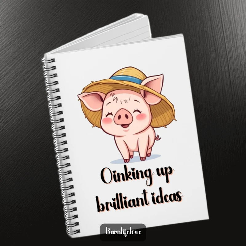Funny piglet notebook featuring a smiling baby pig balancing a straw hat on its head, ideal for jotting down ideas and farmyard doodles.