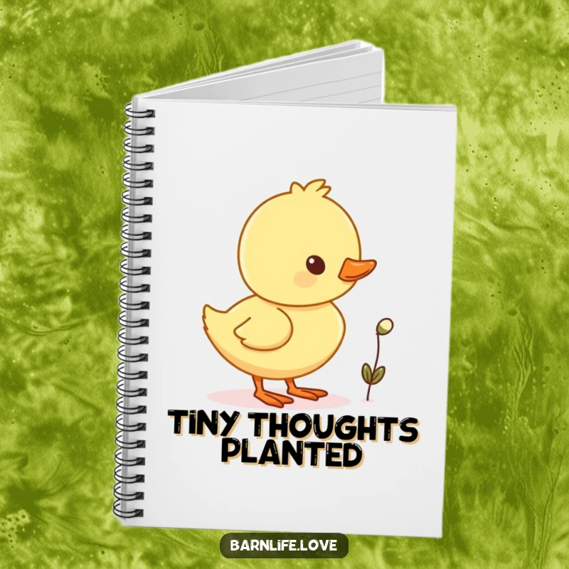 Funny duckling waddling notebook with a cheerful baby duck and a tiny seed, perfect for writing.
