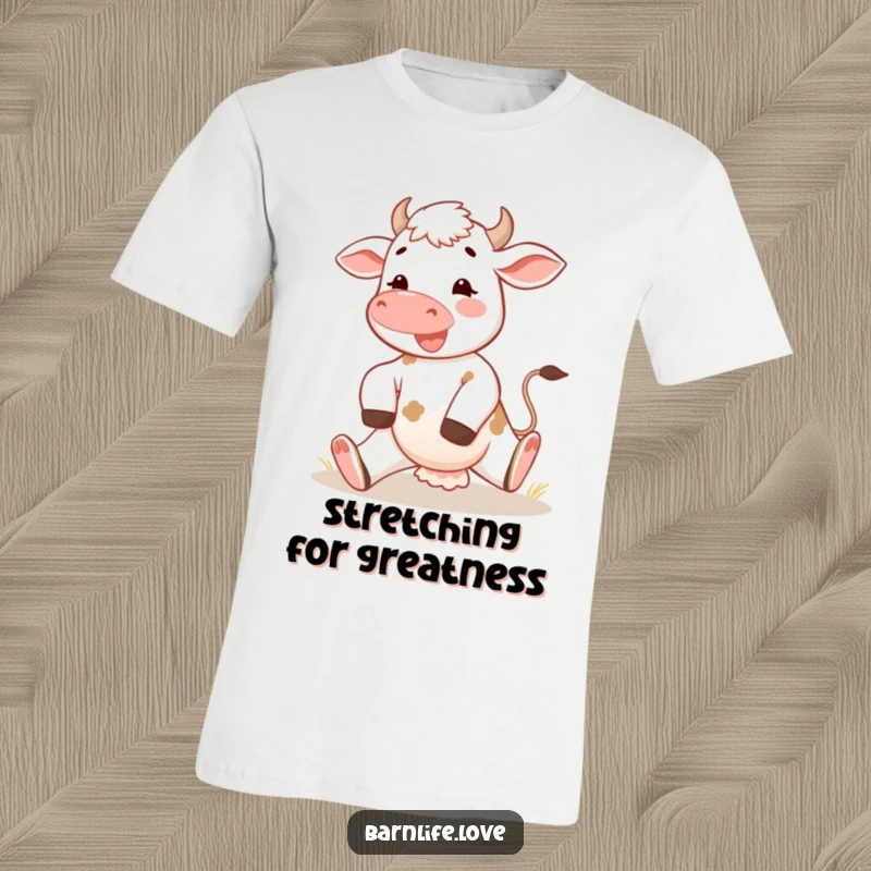 Funny calf t-shirt showing a happy young cow stretching its legs in the bright morning sun, conveying youthful energy and farm vibrancy.