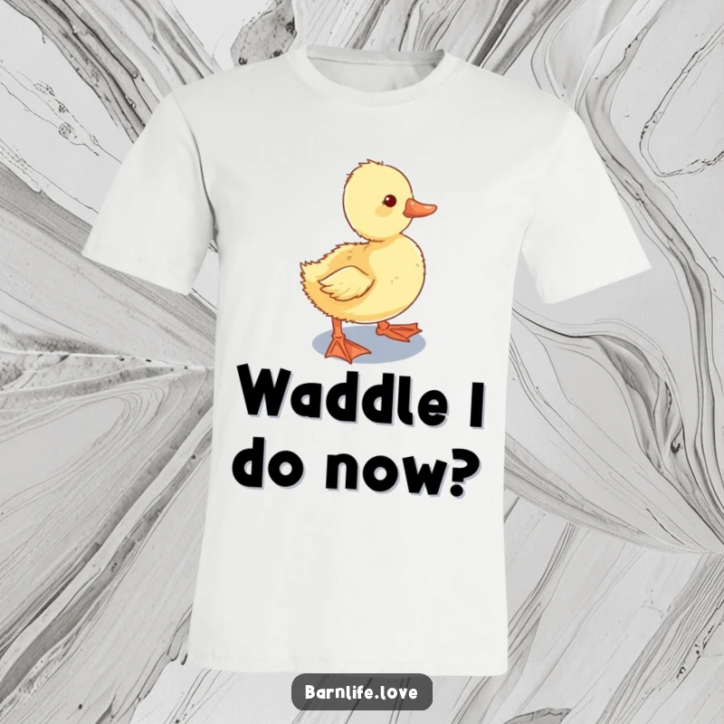 Funny T-Shirt depicting a curious duckling waddling towards a shiny water trough, showcasing a charming and humorous farm animal character.