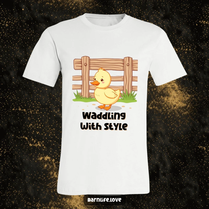 Funny duckling t-shirt featuring a happy baby duck waddling near a wooden farm fence, showcasing playful energy and farmyard cuteness.