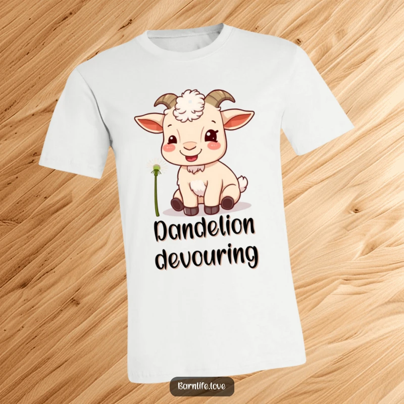 Funny goat munching t-shirt depicting a content goat happily eating a dandelion, full of farmyard charm.