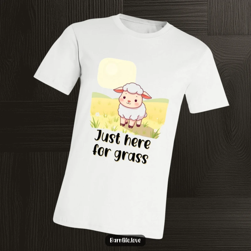 Funny T-Shirt depicting a contented sheep with soft wool grazing in a sunlit field, offering a peaceful and humorous farm animal design.