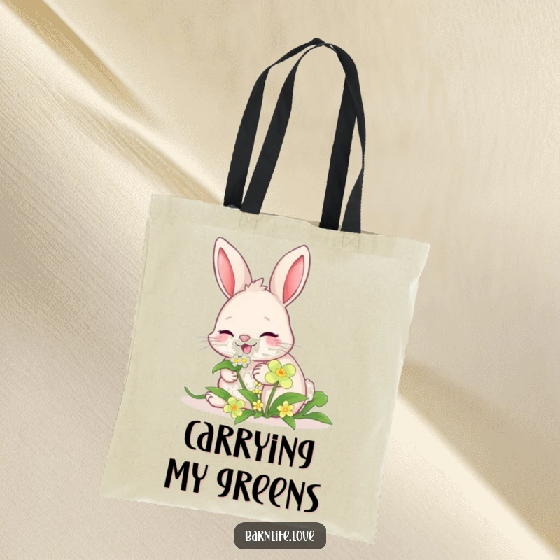Funny giggling bunny tote bag showing a happy rabbit nibbling clover, perfect for carrying essentials with a smile.