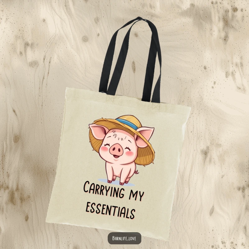 Funny piglet tote bag featuring a smiling baby pig balancing a straw hat on its head, perfect for carrying daily essentials with farm charm.